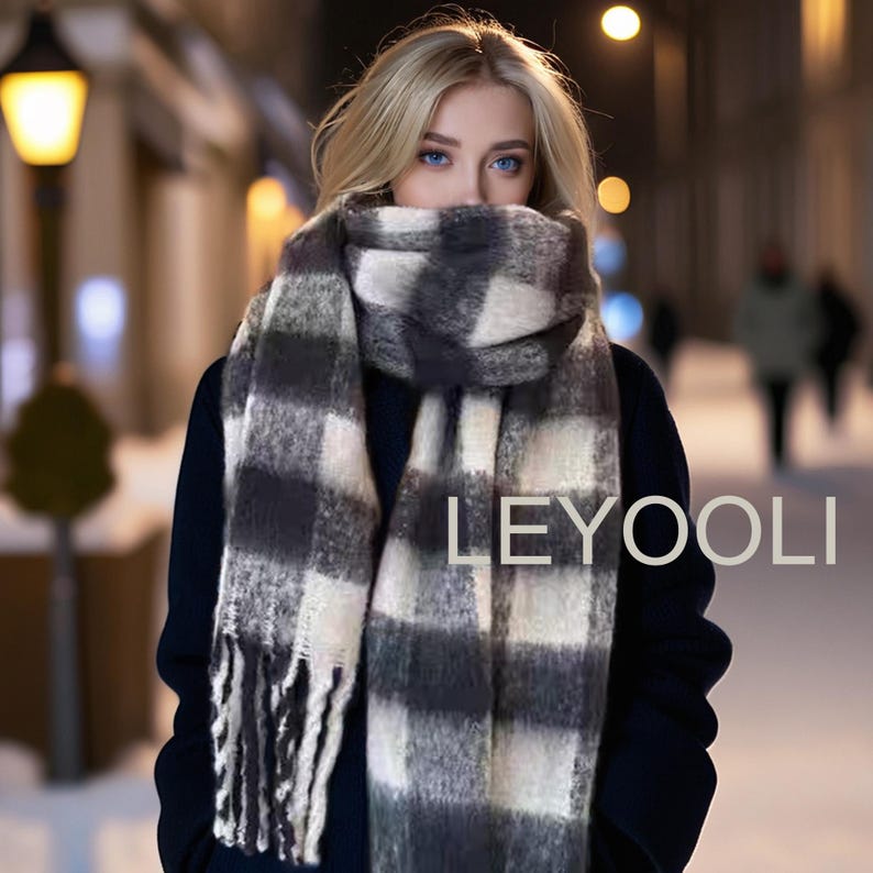 Black and White Plaid Mohair Scarf: Winter Warm Tassel Shawl