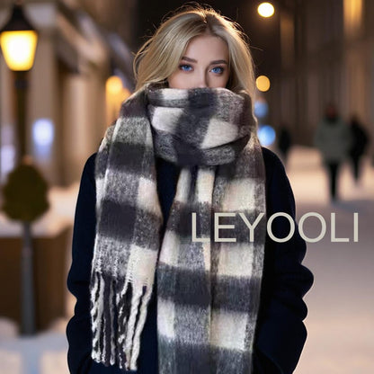 Black and White Plaid Mohair Scarf: Winter Warm Tassel Shawl
