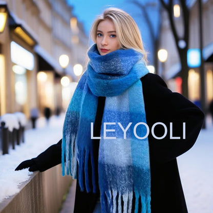 Blue Plaid Mohair Scarf: Winter Warm Tassel Shawl