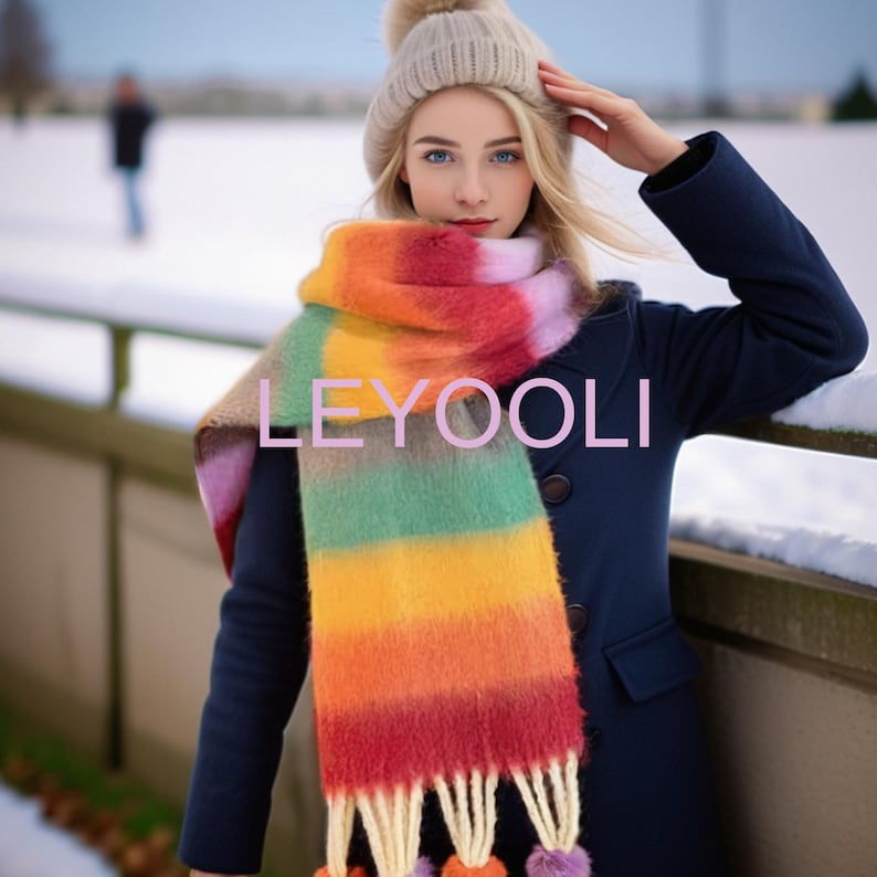 Rainbow Stripe Mohair Scarf, Fur Ball Tassel, Winter Accessory