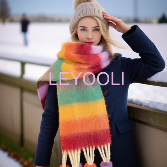 Rainbow Stripe Mohair Scarf, Fur Ball Tassel, Winter Accessory