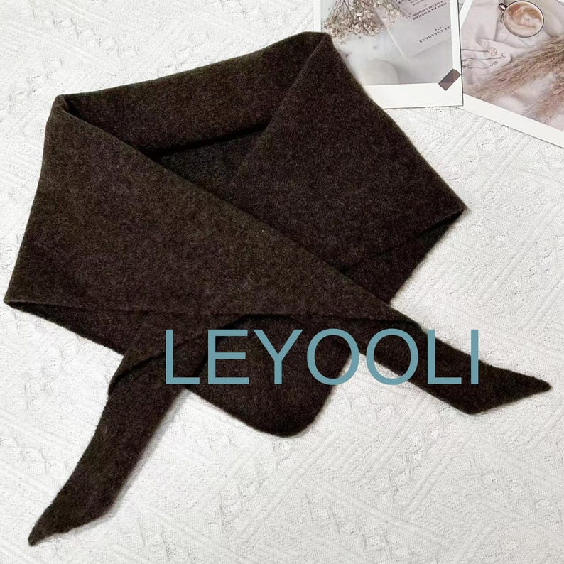 Brown Wool Blend Triangle Scarf, Knit Winter Bandana