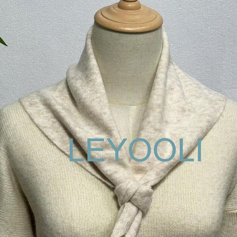 Hand Knit Beige Triangle Scarf: Wool Blend Winter Bandana