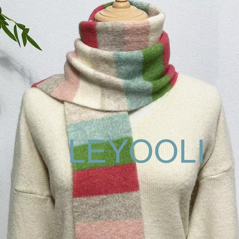 Rainbow Striped Knitted Wool Scarf, Colorful Winter Scarf