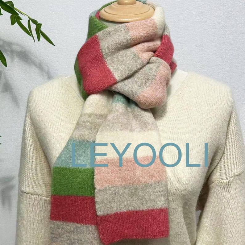 Rainbow Striped Knitted Wool Scarf, Colorful Winter Scarf