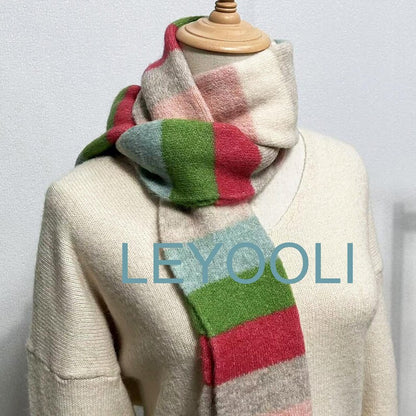Rainbow Striped Knitted Wool Scarf, Colorful Winter Scarf