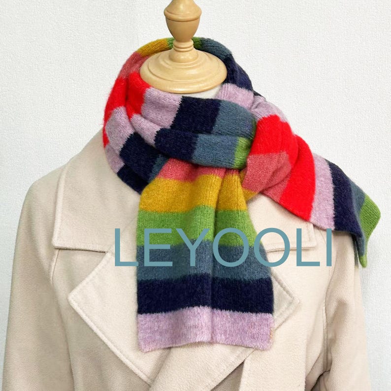 Rainbow Striped Knitted Scarf: Warm Wool Blend Winter Scarf