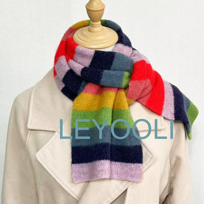 Rainbow Striped Knitted Scarf: Warm Wool Blend Winter Scarf