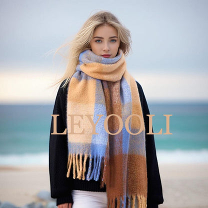 Blue Gray Plaid Wool Blend Scarf, Warm Winter Shawl