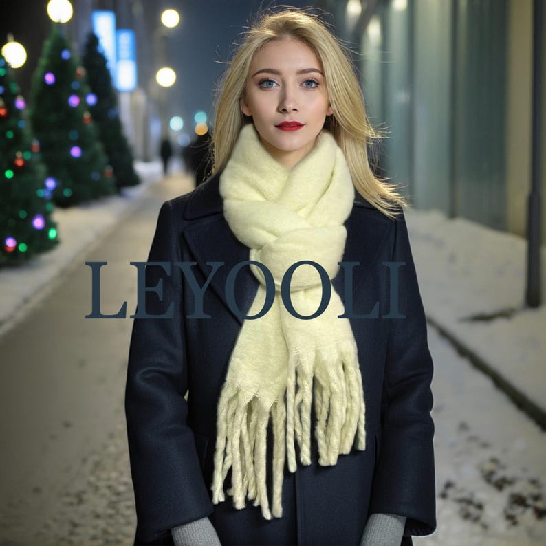 Cream Mohair Blend Scarf, Winter Tassel Scarf