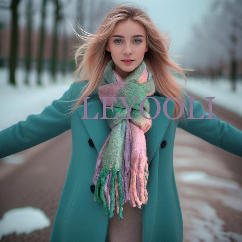 Green Purple Plaid Mohair Scarf, Winter Tassel Shawl