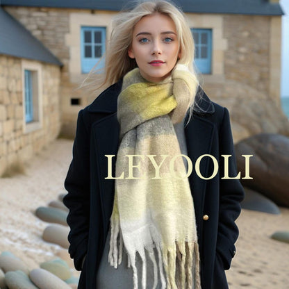 Yellow Plaid Mohair Scarf, Winter Warm Shawl