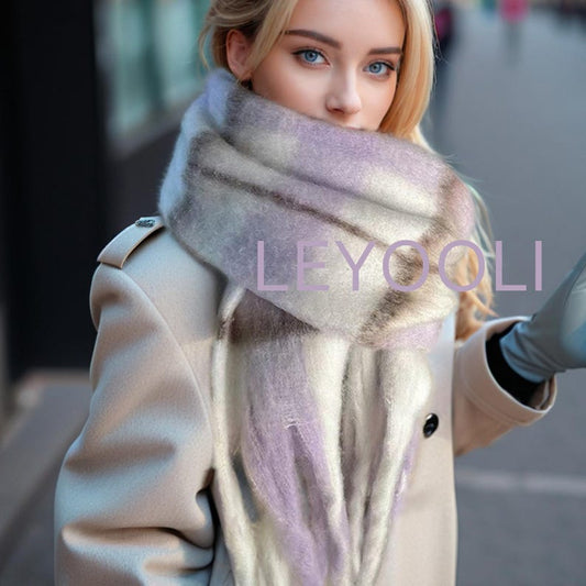Purple Plaid Mohair Scarf | Winter Tassel Shawl