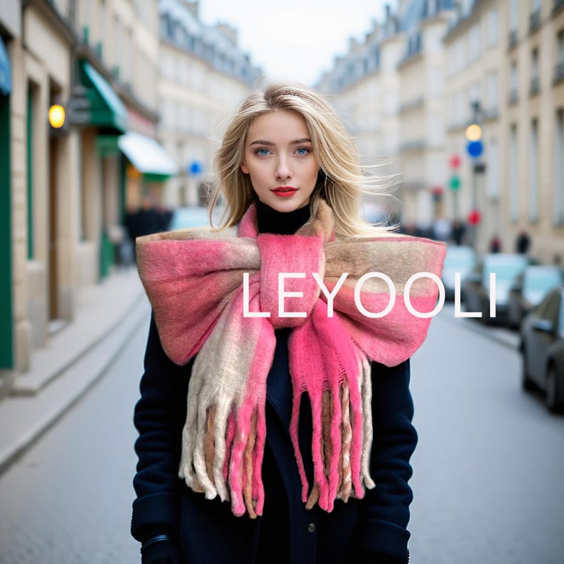 Pink Plaid Mohair Scarf, Reversible Winter Shawl