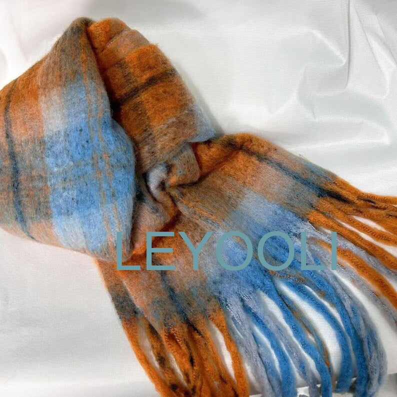 Rainbow Plaid Mohair Scarf, Winter Warm Shawl