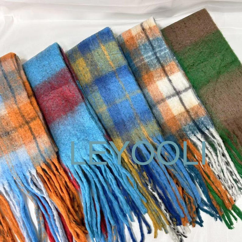 Rainbow Plaid Mohair Scarf, Winter Warm Shawl