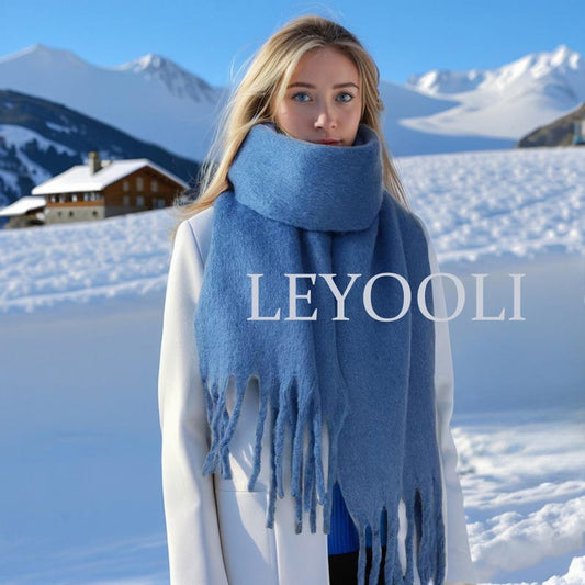 Sky Blue Mohair Blend Scarf: Warm Winter Tassel Scarf