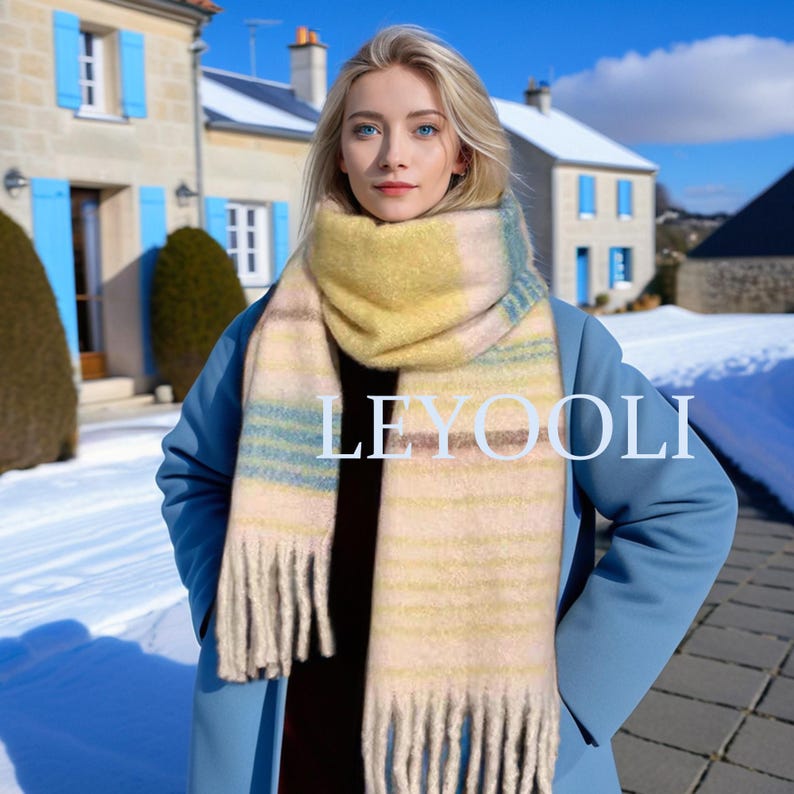 Striped Mohair Scarf, Warm Winter Scarf, Beige Orange Green Brown