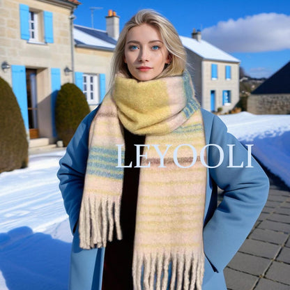 Striped Mohair Scarf, Warm Winter Scarf, Beige Orange Green Brown