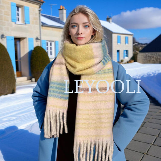 Striped Mohair Scarf, Warm Winter Scarf, Beige Orange Green Brown