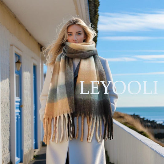 Oversized Mohair Plaid Scarf, Winter Warm Shawl with Tassels