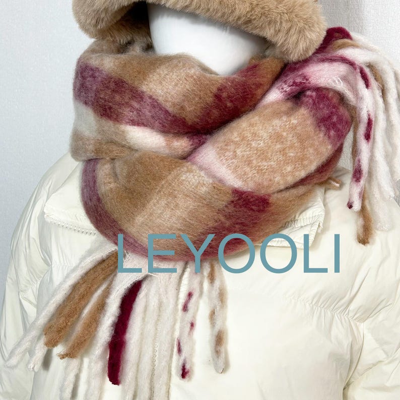 Warm Plaid Mohair Scarf - Beige and Wine Red Checkered Winter Shawl with Tassels