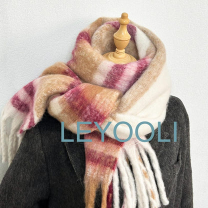 Warm Plaid Mohair Scarf - Beige and Wine Red Checkered Winter Shawl with Tassels