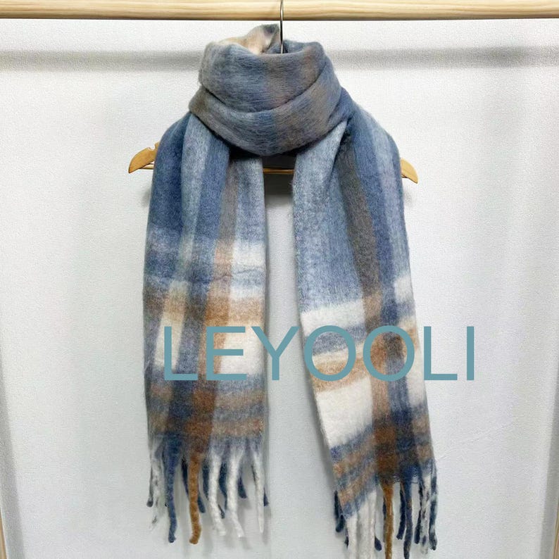 Soft Blue Plaid Mohair Scarf - Cozy Winter Wrap with Beige and White Accents