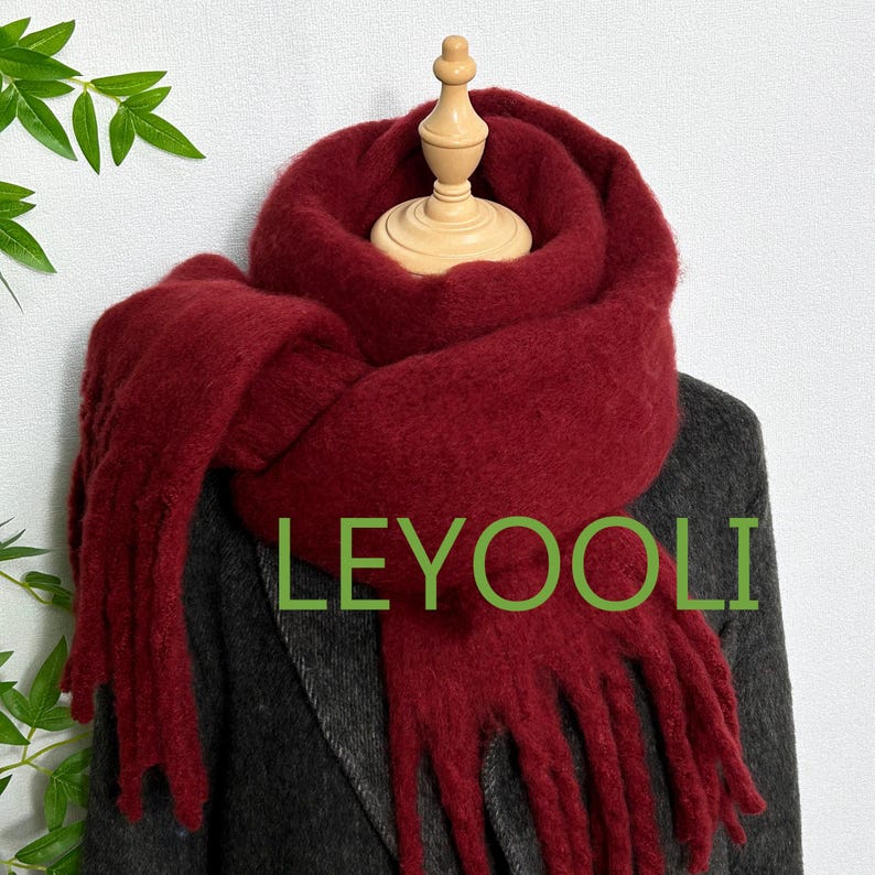 Burgundy Mohair Fringe Scarf: Winter Warm Shawl