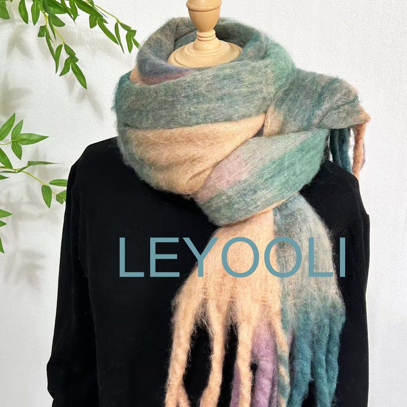 Plaid Mohair Scarf, Winter Warm Tassel Shawl