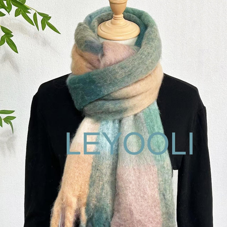 Plaid Mohair Scarf, Winter Warm Tassel Shawl