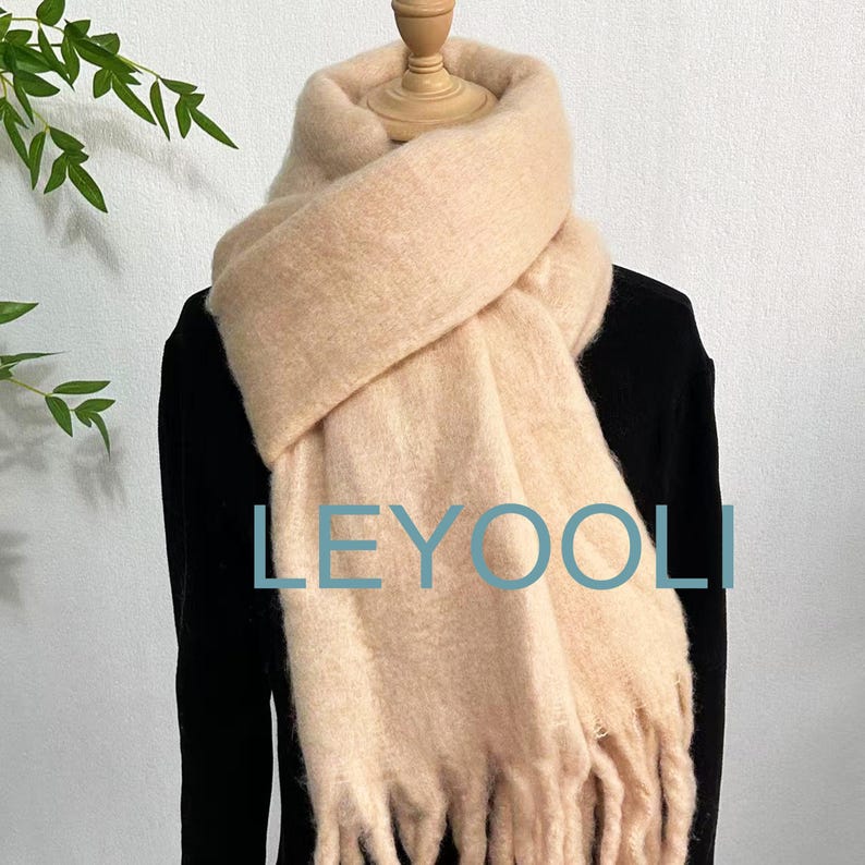 Cream Mohair Blend Tassel Scarf, Winter Warm Scarf