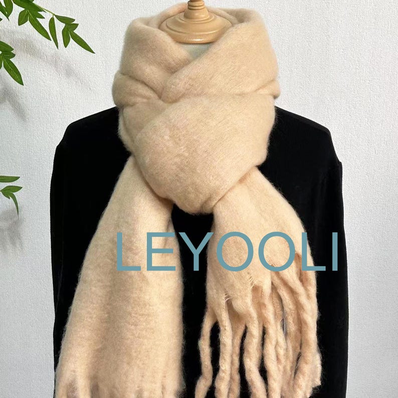 Cream Mohair Blend Tassel Scarf, Winter Warm Scarf