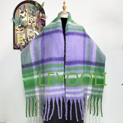 Purple Green Plaid Mohair Scarf: Tassel Winter Shawl