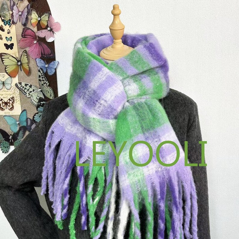 Purple Green Plaid Mohair Scarf: Tassel Winter Shawl