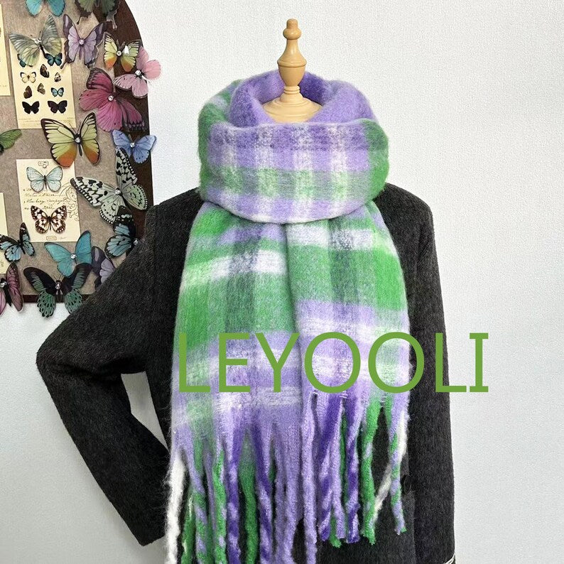 Purple Green Plaid Mohair Scarf: Tassel Winter Shawl
