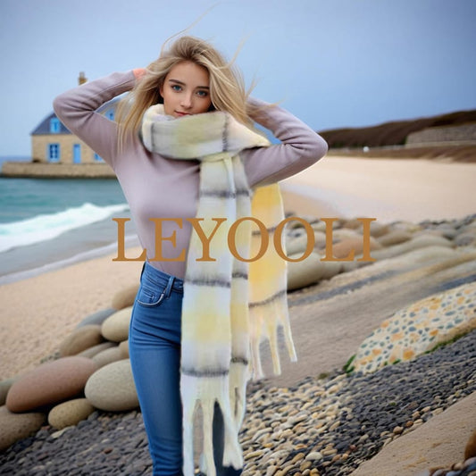 Soft Yellow Plaid Mohair Scarf | Cozy Winter Shawl