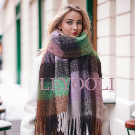 Wool Mohair Blend Plaid Scarf, Winter Warm Shawl