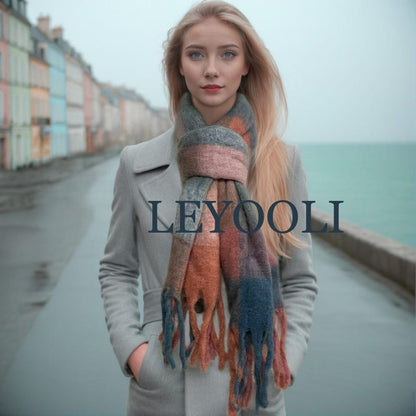 Reversible Mohair Plaid Scarf, Orange Blue Tassel Shawl