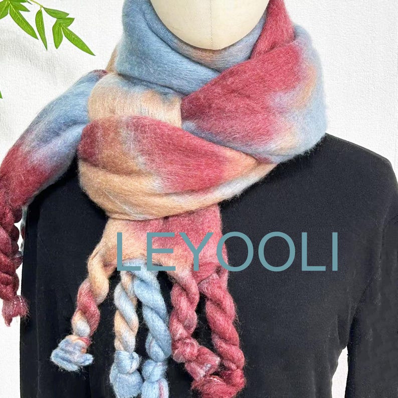 Handmade Gradient Mohair Scarf with Twisted Fringe, Elegant Knitted Wrap