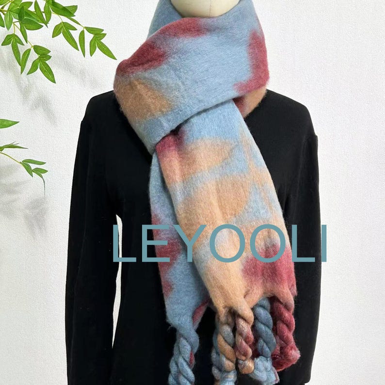 Handmade Gradient Mohair Scarf with Twisted Fringe, Elegant Knitted Wrap