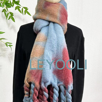 Handmade Gradient Mohair Scarf with Twisted Fringe, Elegant Knitted Wrap