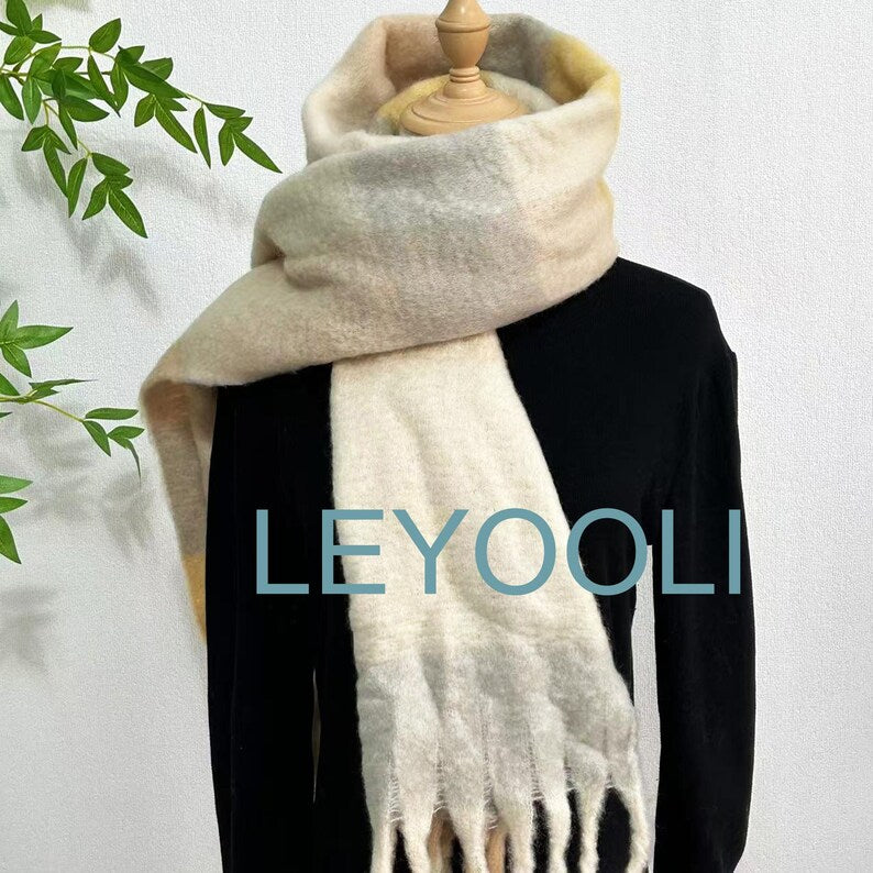 Yellow Plaid Mohair Scarf, Beige Tassel Wrap