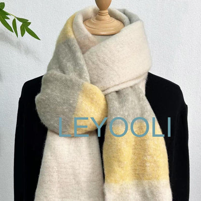 Yellow Plaid Mohair Scarf, Beige Tassel Wrap