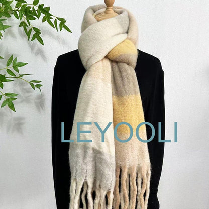Yellow Plaid Mohair Scarf, Beige Tassel Wrap