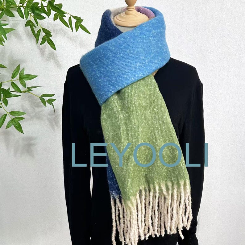 Blue Green Striped Mohair Tassel Scarf, Winter Warm Blanket Scarf