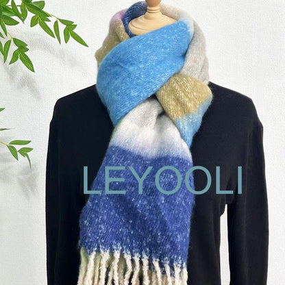 Blue Green Striped Mohair Tassel Scarf, Winter Warm Blanket Scarf
