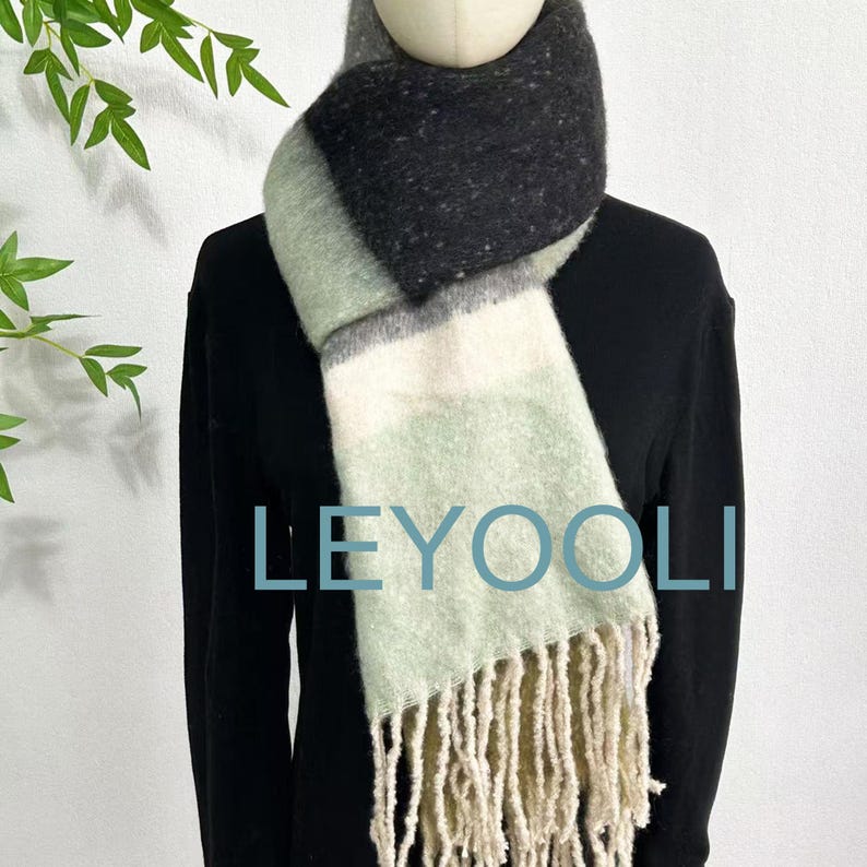 Striped Mohair Tassel Scarf, Green Gray Winter Scarf