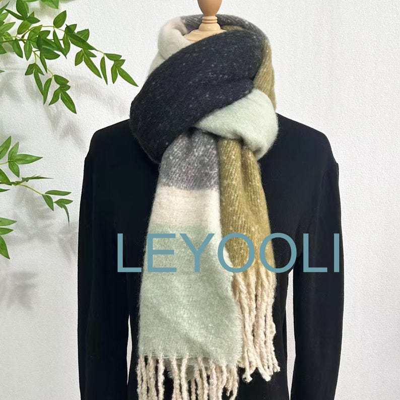 Striped Mohair Tassel Scarf, Green Gray Winter Scarf