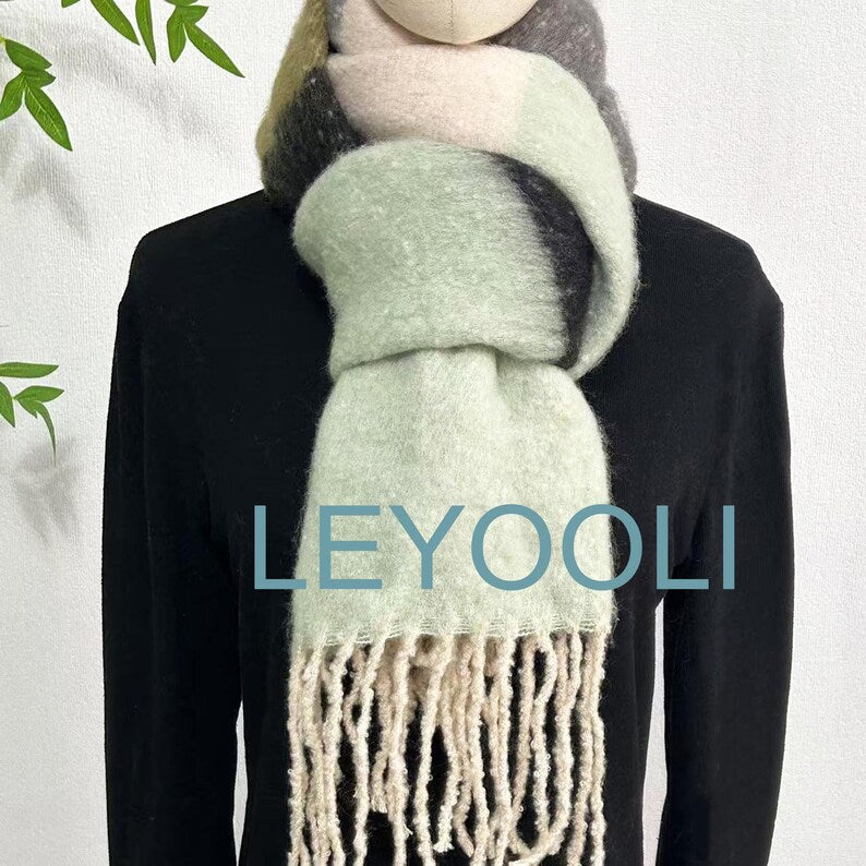 Striped Mohair Tassel Scarf, Green Gray Winter Scarf
